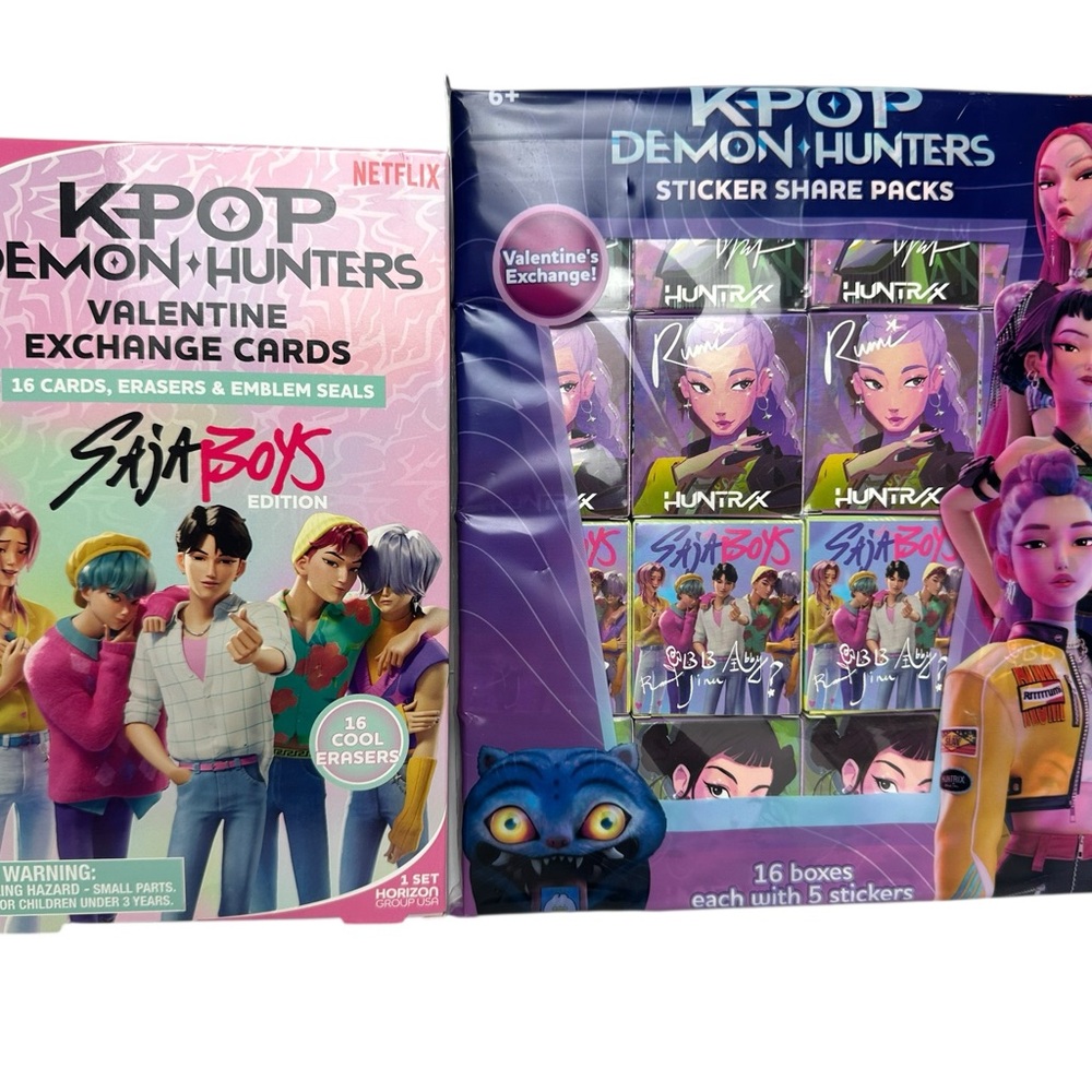 (1) KPop Demon Hunters Saja Boy Valentine Exchange Cards, (1) Sticker Share Pack